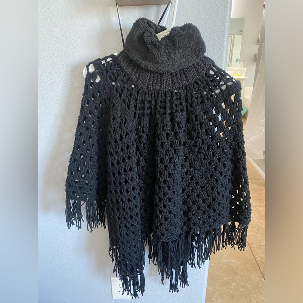 Hand made crochet cape with fleece turtle neck.